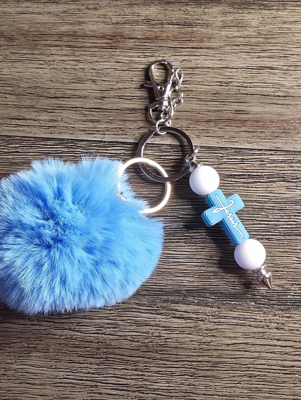 Blue Fuzzy Pom Pom Keychain with Cross Charm - Picture 2 of 3